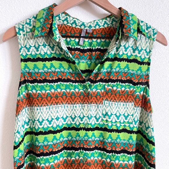 New Directions Green Tribal Print Button Front Sleeveless Blouse Women's Small - Picture 2 of 6